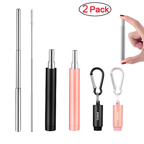 Product Cover 2 Pack Reusable Metal Straws Collapsible Stainless Steel Drinking Straw Portable Telescopic Straw with Case Black/Rose Gold