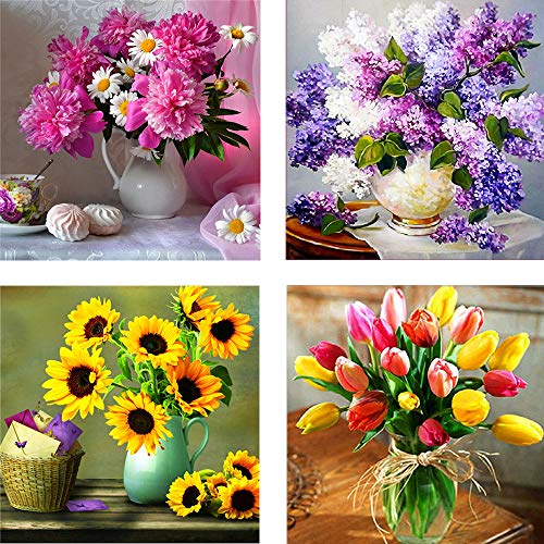 Product Cover Large 16X16inch 5D 4 Pack Full Drill Diamond Art Painting Dotz Art Supplies DIY Kits for Adults Kids Flower Floral Wall Decor