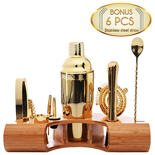 Product Cover Omishome Premium Bartender Mixology Kit - Multipiece Gold Finish Stainless Steel Cocktail Shaker Set with Bamboo Stand and 6 BONUS Steel Straws! The Perfect Home Bar Tools Gift and Boston Shaker!