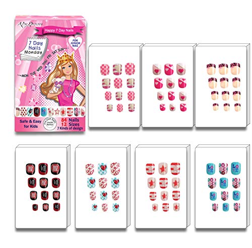 Product Cover MayQueen 7PACK 84Tips Artificial Junior False Fake Nails, Pre-Glued Sticker Nails For Kids (7 Day Nails)