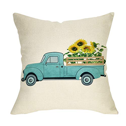 Product Cover Softxpp Summer Farmhouse Throw Pillow Cover Vintage Sunflower Truck Decoration Sign Home Decor Cushion Case Decorative for Sofa Couch 18