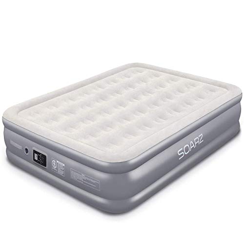 Product Cover Soarz Queen Air Mattress with Built in Pump, Inflatable Blow Up Mattress for Guests & Camping, Double High Elevated Airbed with Comfortable Flocked Top, 80 x 60 x 18 inches, 3-Year Warranty