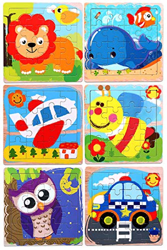 Product Cover Wooden Puzzles Toys for Kids for Age 3-5, 16 Piece Vibrant Animals & Vehicle Kids Educational Puzzles for Toddlers, Set of 6 Preschool Puzzle Autism Children Puzzles Learning Toys