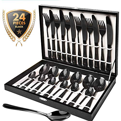 Product Cover Black Silverware Set, HOBO 24 Pieces Stainless Steel Flatware Cutlery Set with Wooden Box, Knife Fork Spoon Flatware, Mirror Finish, Smooth Edge, Service for 6