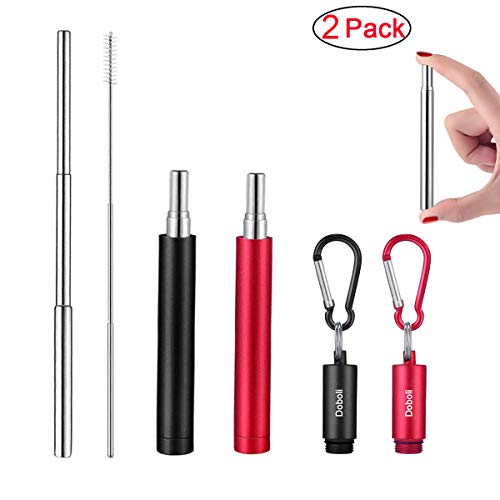 Product Cover 2 Pack Reusable Metal Straws Collapsible Stainless Steel Drinking Straw Portable Telescopic Straw with Case Black/Red