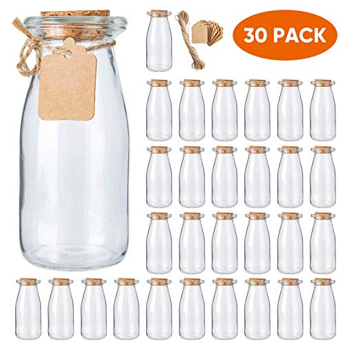 Product Cover Brajttt 30Pcs Glass Favor Jar with Cork Lids，Pudding Jars with Cork Stopper,Glass Jars with Ice Cream,Glass Yogurt Bottle,Round Milk Glass Jars with Tags and Strings（200 ML,7OZ）