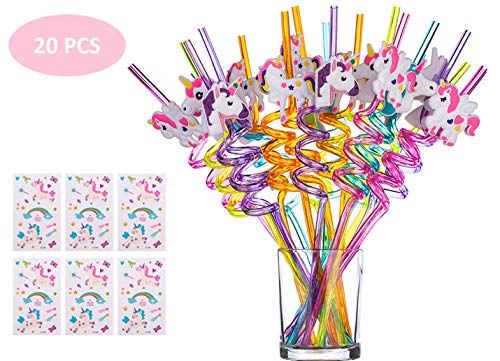 Product Cover Reusable Unicorn Straws for Daughters Girls Birthday Party - Plastic Drinking Straws for Unicorn Themed Party Favors, Unicorn Birthday Party Decorations, 20 Pack + 6 Free Unicorn Temporary Tattoos