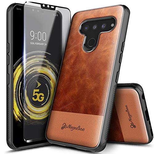 Product Cover LG V50 ThinQ Case with Tempered Glass Screen Protector (Full Coverage), NageBee Premium [Cowhide Leather] Shockproof Dual Layer Hybrid Armor Rugged Durable Case for LG V50 ThinQ 5G (2019) -Brown