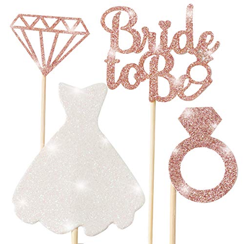 Product Cover 24pcs Bridal Shower Cupcake Topper, Sparkling Glitter Rose Gold Bride To Be, Diamond Ring, Wedding Dress Cupcake Toppers for Engagement Wedding Bachelorette Party Bridal Shower