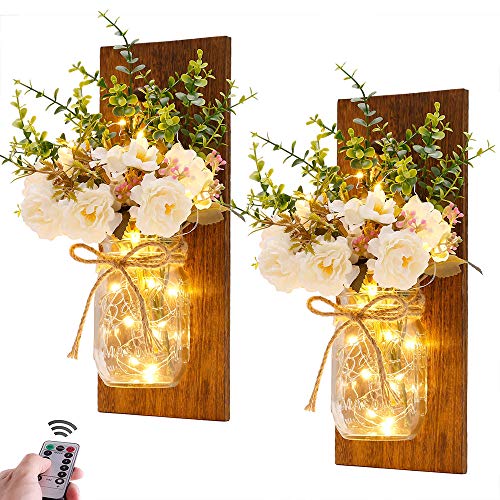 Product Cover Rustic Wall Sconces Mason Jar Sconces Handmade Wall Art Hanging Design with Remote Control LED Fairy Lights and White Peony,Farmhouse Kitchen Decorations Wall Home Decor Living Room Lights Set of Two