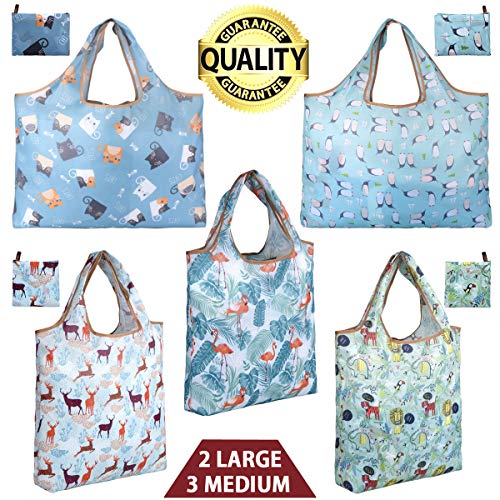 Product Cover Reusable Shopping Bags, Foldable Grocery Bags, Reusable Grocery Tote Bags With Pouch Attached, Ripstop Polyester, Washable Lightweight(2 Large and 3 Medium) (Reusable Shopping Bags(2 L & 3 M)-01)