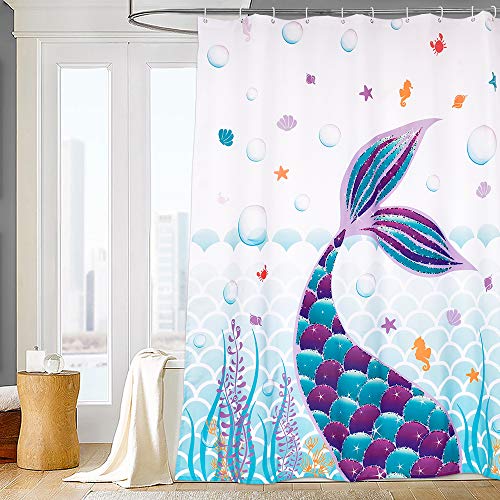 Product Cover WERNNSAI Bathroom Shower Curtain - 180 x 180cm Mermaid Tail Pattern Bathroom Curtains Polyester Fabric Blue Sea World Curtains with White Hooks