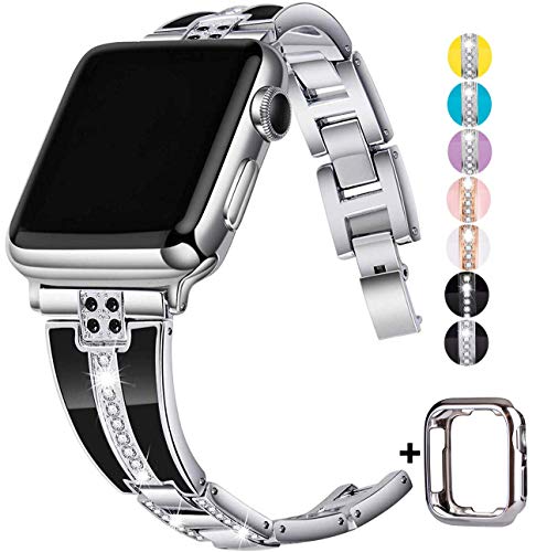 Product Cover JSGJMY Bling Bands Compatible with Apple Watch Band 38mm 40mm 42mm 44mm with Case,Women Diamond Rhinestone Metal Jewelry Wristband Strap for iwatch Series 5/4/3/2/1 (Silver, 38mm/40mm)