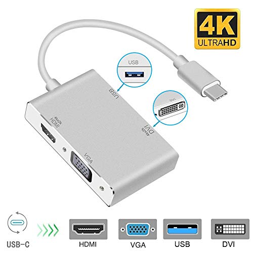 Product Cover USB C to HDMI/DVI/VGA/USB 3.0 Adapter,USB 3.1 Type-C Hub to HDMI DVI 4K VGA USB Adaptor Converter (Thunderbolt 3 Compatible),4in1USB C Hub Adapter for 2016/2017/2018 MacBook/MacBook Pro and More