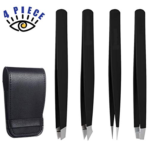 Product Cover RoosterCo Eyebrow Tweezer Set with Travel Case,4-piece Daily Beauty Tools for Hair Removal, Best Precision (Black)