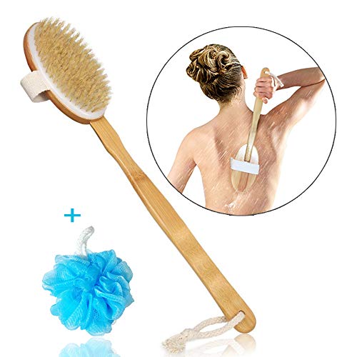 Product Cover Body Brush Nature Boar Bristles Back Scrubber with Detachable Long Bamboo Non-slip Handle (blue)