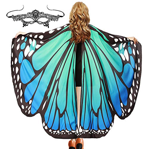 Product Cover Halloween Soft Fabric Butterfly Wings Shawl with Mask for Women Fairy Ladies Cape Cloak Nymph Pixie Costume Accessory (Bluish Green)