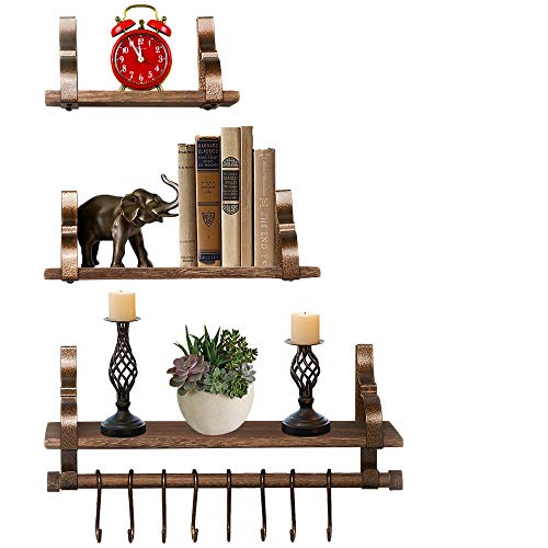 Product Cover OMISHOME 3 Shelf Floating Wood Shelves - Wall Mounted - Towel Bar - 8 Bonus Hooks - Brown Shelves - Weathered Copper Hangers - Great as a Gift!