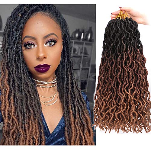 Product Cover 6 packs Gypsy Locs Crochet Goddess Faux Locs Ombre Curly Wavy Nu Locs Twist Braiding Hair Extensions Dreadlocks Hair 18 inches for Braiding 18 Strands Per Pack（Black/Dark brown/Light brown)