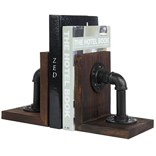 Product Cover MyGift Dark Brown Industrial Pipe & Rustic Wood Bookends, Set of 2