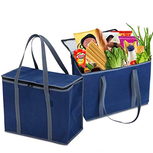 Product Cover Reusable Grocery Insulated Shopping Bags - 2 Pack Extra Large Size, Collapsible & Foldable Heavy Duty Tote Bag with Durable Zipper PP Base and Handles