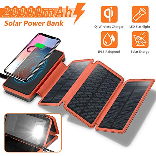 Product Cover Solar Charger 20000mAh, 4.5W Qi Wireless Charger Portable Power Bank External Battery Pack with 3 Solar Panels, Flashlight, Dual 5V/2.1A USB Port, IP65 Rainproof for Camping Hiking Fishing(Orange)