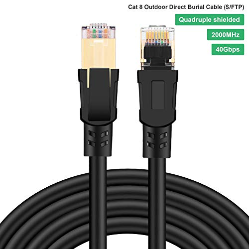 Product Cover Veetcom Cat8 Ethernet Cable 50FT, High Speed 26AWG Cat8 LAN Network Cable 40Gbps, 2000Mhz with Gold Plated RJ45 Connector, Heavy Duty Weatherproof S/FTP UV Resistant for Modem, Router/Gaming/Xbox
