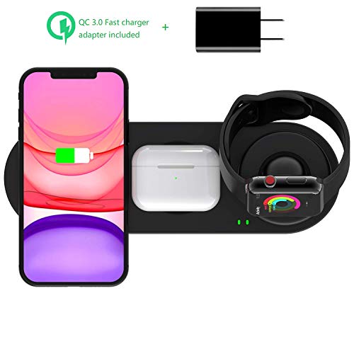 Product Cover Kartice 3 in 1 Wireless Charger Compatible with Apple Watch Charger Series 5/4/3/2/1/ Airpods Pro Wireless Charger, Fast Charger Stand for iPhone 11/11 Pro/X/Xs Max/XR (with QC3.0 Adapter)