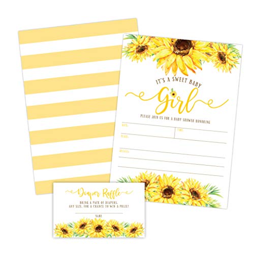 Product Cover Sunflower Girl Baby Shower Invitations, Yellow Floral Baby Shower Invites with Diaper Raffles Cards, Sprinkle, 20 Invites Including Envelopes