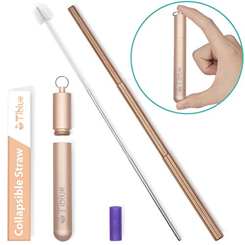 Product Cover Reusable Collapsible Straw, Rose Gold 9.25'' Telescopic Stainless Steel Metal Straws, BPA-Free FDA Approved Portable Reusable Drinking Straws for 12oz/20oz/30oz Cups, Best Christmas Gifts for Family