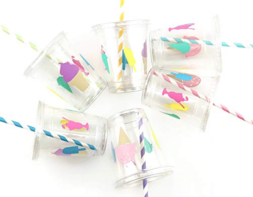 Product Cover Ice Cream Birthday Party Cups 12 oz Disposable Plastic Lids Straws (12 Count)