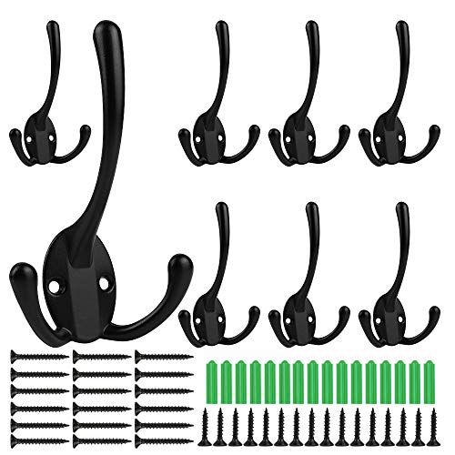 Product Cover Big Heavy Duty Three Prongs Coat Hooks Wall Mounted Robe Hook with 40 Pieces Screws (Two Types of Screws Included), Retro Double Utility Rustic Hooks for Bath Kitchen Garage, Black Color, 8 Pack