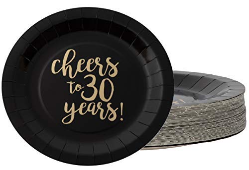 Product Cover Disposable Plates - 48-Count Paper Plates, 30th Birthday, Wedding Anniversary Party Supplies for Appetizer, Lunch, Dinner, Dessert, Cheers to 30 Years in Gold Foil Design, Black, 9 Inches Diameter