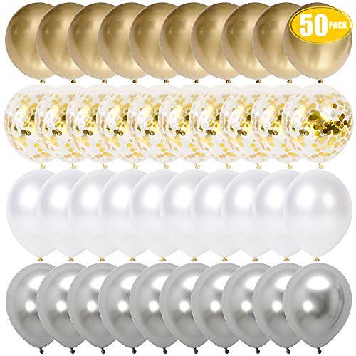 Product Cover Gold Confetti White Silver Balloons, 50pcs 12 inch Party Balloons for Wedding Engagement Birthday Graduation Supplies