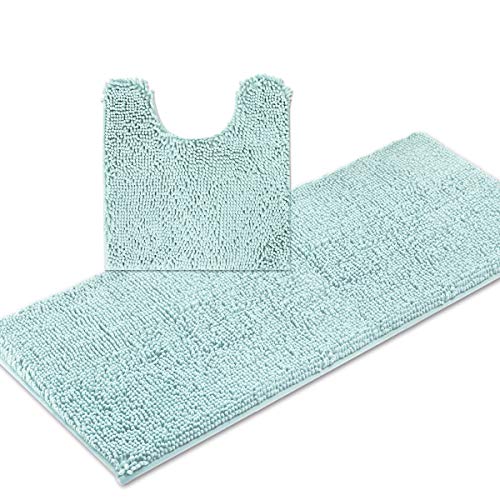 Product Cover ITSOFT 2pc Non-Slip Shaggy Chenille Bathroom Mat Set, Includes 21 x 24 Inches U-Shaped Contour Toilet Mat and 21 x 47 Inches Bath Mat, Machine Washable, Spa Blue
