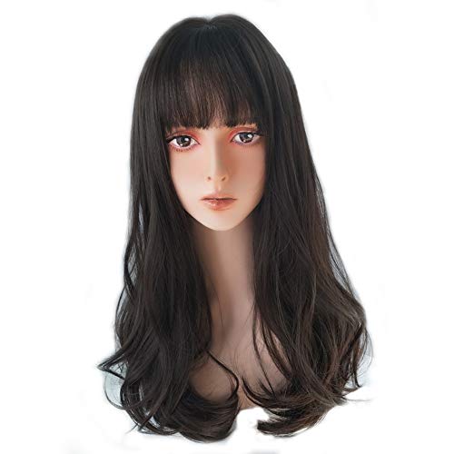 Product Cover Long Wavy Wig with Bangs - Women Girls Synthetic Wig Slightly Curly Hair with Air Bang, Great for Cosplay, Party and Daily Wear (Black Brown)