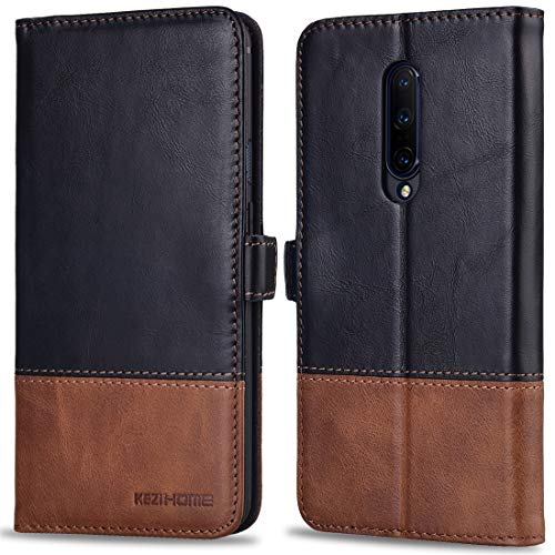 Product Cover Oneplus 7 Pro Case, KEZiHOME Oneplus 7 Pro Wallet Case, [RFID Blocking] Genuine Leather Wallet Flip Folio Case Cover with Card Slot, Stand Holder, Magnetic Closure for Oneplus 7 Pro 2019 (Black/Brown)