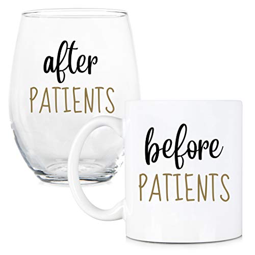 Product Cover Before Patients, After Patients 11 oz Coffee Mug and 15 oz Stemless Wine Glass Set - Unique Gift Idea for Dentist, Dental, Medical, Hygienist, Doctor, Physician, Nurse - Perfect Graduation Gifts
