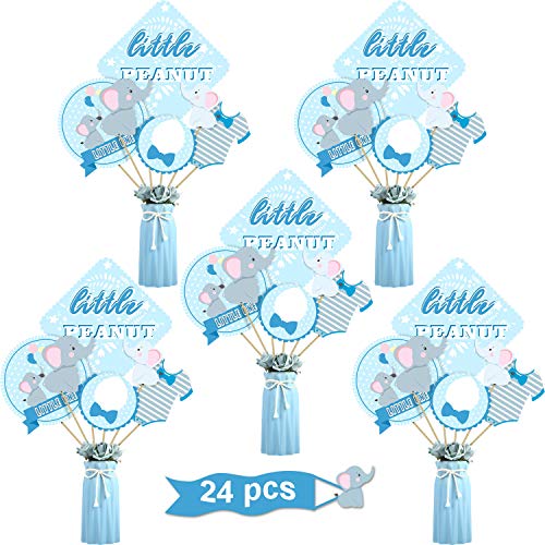 Product Cover Blue Elephant Boy Baby Shower Birthday Party Decoration Blue Elephant Centerpiece Sticks Table Toppers for Boy Birthday Party Supplies, Double Side Printed, 24 Pack