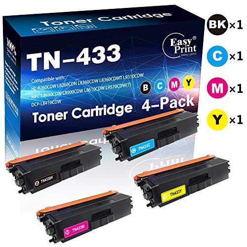 Product Cover (4-Pack, BK+C+M+Y) Compatible TN-433 TN433BK TN433C TN433M TN433Y TN433 Toner Cartridge Used for Brother HL8260CDN L8360CDWT L9310CDW MFC-L8690CDW L8610CDW L9570CDW(T) Printer, by EasyPrint
