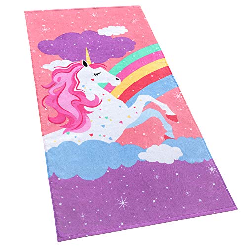 Product Cover Softerry Rainbow Unicorn Velour Beach Towel for Kids 28in x 55in 100% Cotton