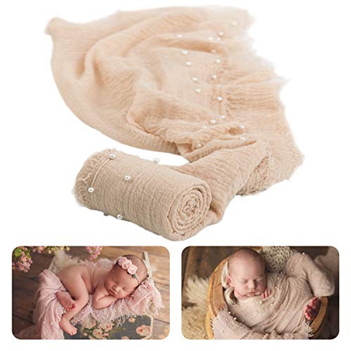 Product Cover Newborn Photography Wrap | Handmade Pearl Decor Wrap Blanket for Baby Photo Props | 35.5 X 67 inch Newborn Photo Shoot Outfits Beige