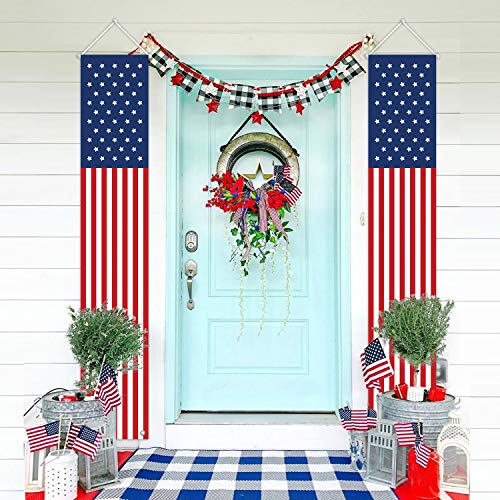 Product Cover MORDUN Patriotic Decorations for Labor Day-4th of July Decor-Hanging American Flag Banners Stars and Stripes Porch Sign-Fourth of July Party Supplies Indoor Outdoor-Red White Blue (2 Pcs)