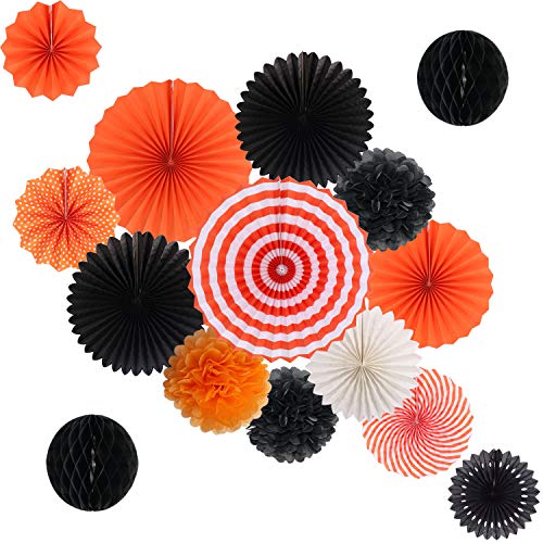 Product Cover Hanging Party Decorations Set Tissue Paper Fan Paper Pom Poms Flowers and Honeycomb Ball for Halloween Thanksgiving Birthday Engagement Party Decor Black Orange Kit