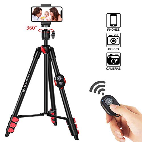 Product Cover ZOMEi Phone Tripod, Cell Phone Tripod 54 inch Travel Tripod with Bluetooth Remote Cellphone Holder 360 Panorama Ball Head for Camera GoPro/Mobile Cell Phone iPhone Xs/Xr/Xs Max/X/8/Galaxy Note 9