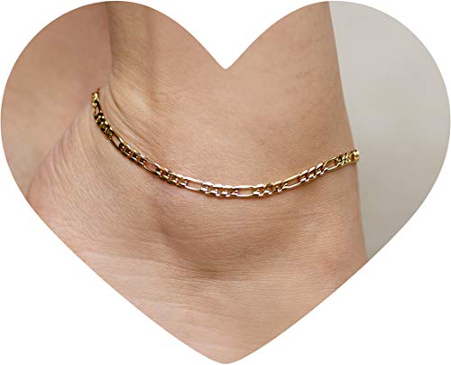 Product Cover Lifetime Jewelry Gold Ankle Bracelets for Women Men & Teen Girls [ 24k Real Gold Plated 4mm Figaro Chain Anklet ] Beach or Party Foot Jewelry with Lifetime Replacement Guarantee 9 10 and 11 inches