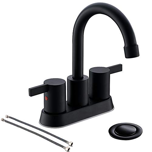 Product Cover 4 Inch 2 Handle Centerset Matte Black Lead-Free Bathroom Faucet, With Copper Pop Up Drain And Two Water Supply Lines, BF015-1-MB