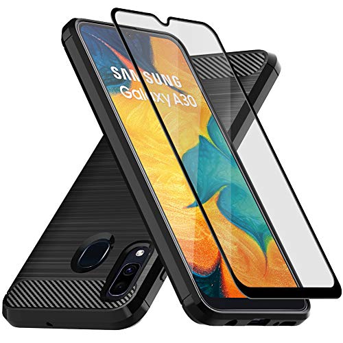 Product Cover E-outfit Samsung Galaxy A30 Case, Galaxy A20 Case, with Tempered Glass Screen Protector, Muokctm Slim Soft TPU Protective Rubber Bumper Case Cover for Samsung Galaxy A30 Phone (Black)