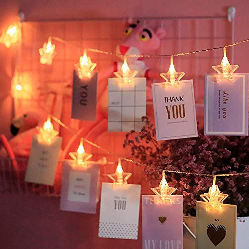 Product Cover Missyee 20 LEDs Star Photo Clips String Lights Battery Powered,Birthday Party Halloween Thanksgiving Christmas Party Wedding Decor,Fairy Lights for Hanging Pictures,Cards and Artwork 9.8 Ft,Warm White