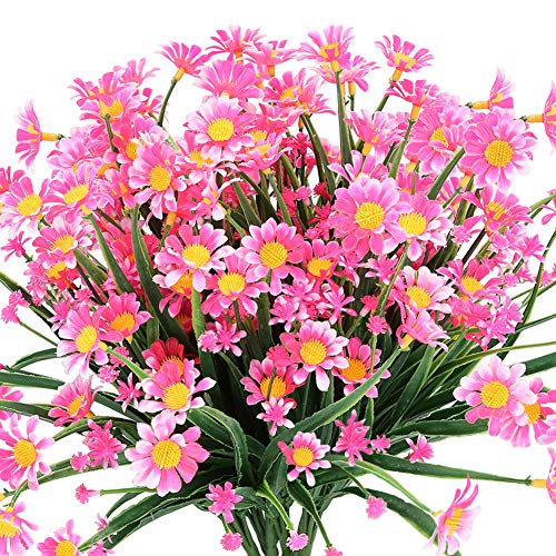 Product Cover TEMCHY Artificial Daisies Flowers Outdoor UV Resistant 4 Bundles Fake Foliage Greenery Faux Plants Shrubs Plastic Bushes for Window Box Hanging Planter Farmhouse Indoor Outside Decor(Pink)